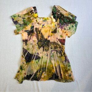 One World Sheer Butterfly Top Women's XL Yellow Flowy Boho Square Neck Stretchy